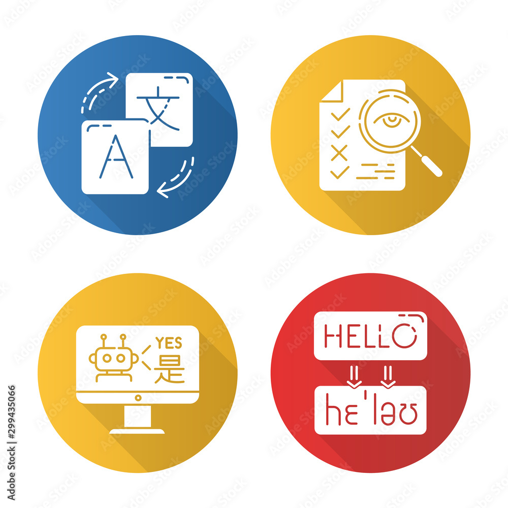 Poster machine translation services flat design long shadow glyph icons set. instant translation. multiling