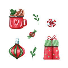 cup of cocoa, gift, candies and christmas toy