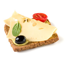 Open faced sandwich crostini isolated on white background closeup. Vegetarian canape with cheese. Appetizer tartarine.