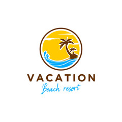 Fototapeta na wymiar Beach vacation resort outdoor recreation trip adventure badge logo design coconut tree wave element