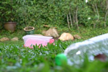 Close up of plastic container or bottle. Stop plastic pollution or reduce waste concept.