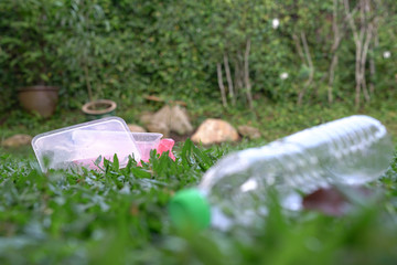 Close up of plastic container or bottle. Stop plastic pollution or reduce waste concept.