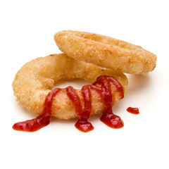 Crispy deep fried onion or Calamari ring with ketchup isolated on white background