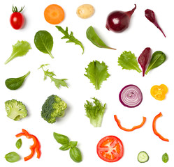 Creative layout made of tomato slice, onion, cucumber, basil leaves. Flat lay, top view. Food concept. Vegetables isolated on white background. Food ingredient pattern.