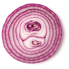 Slice of red Onion isolated on white background. Top view, flat lay.
