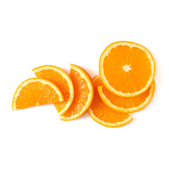 Orange fruit slice layout isolated on white background closeup. Food background. Flat lay, top view.