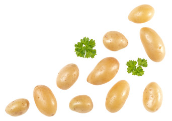 Potatoes and parsley isolated on white background with copy space for your text. Top view. Flat lay pattern. Potatoes in air, without shadow.