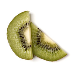 Two kiwi fruit slices isolated on white background closeup. Half of kiwi slice. Kiwifruit slice, ...