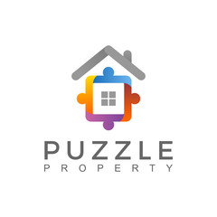 Puzzle real estate modern fun playful logo design teamwork symbol house family