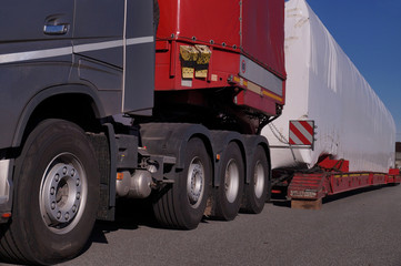 Close-up of a specialist truck for transporting oversized loads. Travel break.