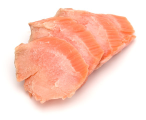 smoked salmon segments isolated on white background cutout. Prepared fish fillet fibres.