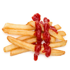 French Fried Potatoes with ketchup isolated on white background