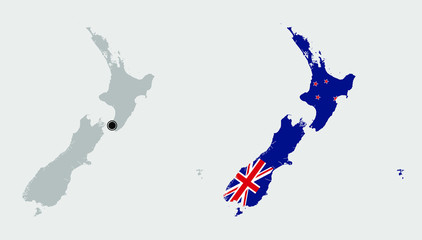 Contour of New Zealand in grey and in flag colors