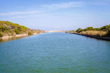 Fototapeta premium Paisaje rio con cielo azul y nubes blancas