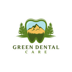 Green dental logo design, mountain tree element nature environment