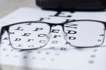 glasses and Eyeglasses on table of check of vision close up - Myopia or hyperopia