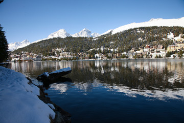 St. Moritz, Switzerand with lake and snowy mountains