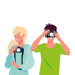 Woman and man taking picture vector design