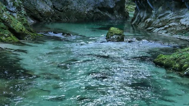 View on the waterfall at the Vintgar gorge near Bled, Triglav, Slovenia