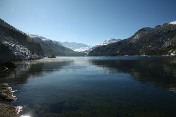 St. Moritz, Switzerand with lake and snowy mountains