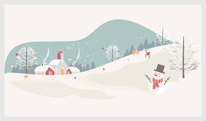 Vector illustration of a Christmas winter landscape postcard.Retro color of winter countryside landscape with  deer.Minimal winter concept.