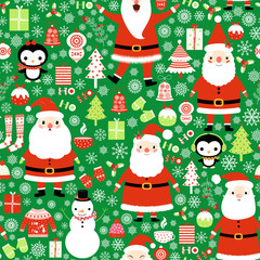 Seamless vector Christmas Santa Claus pattern in green and red colors with penguin, snowman and holiday trees