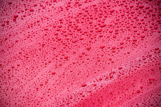 hood of red car, covered in raindrops