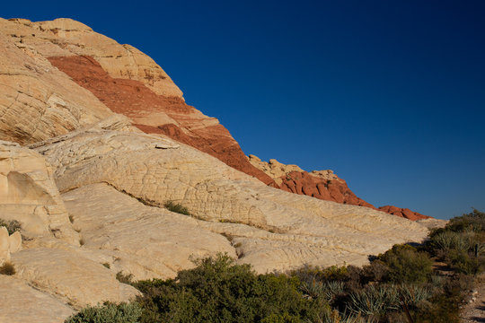 Striking color layers of Aztec Sandstone cliffs in Red Rock Canyon National Conservation Area in Nevada
