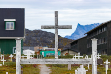 Wooden cross at the entrance of the Nuuk cemetery on Aqqusinersuaq street, Greenland.