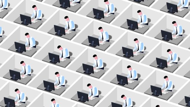 Business style cartoon animation of office employees in cubicles. Cartoon workers in a big office. They are working all day with no break. Seamles loop of the futuristic society. Seamless loop.