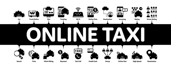 Online Taxi Minimal Infographic Web Banner Vector. Taxi Truck And Car, Mobile Application, Web Site And Human Silhouette Concept Linear Pictograms. Contour Illustrations