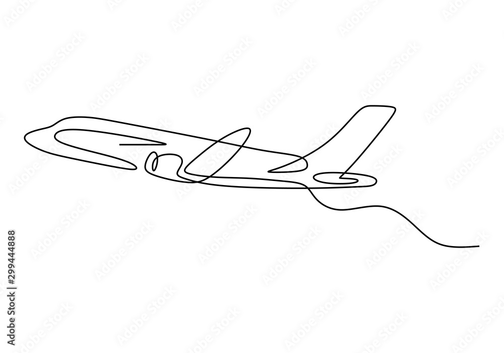 Wall mural One line drawing of airplane minimalism hand drawn sketch lineart design. Vector transportation and travel theme.