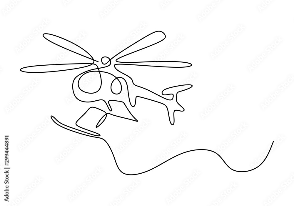 Poster continuous one line drawing of helicopter minimalist design lineart hand drawn sketch. vector minima