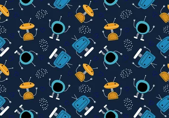 Foto op Canvas Cute robot seamless pattern with funny character. Vector illustration for kids and baby apparel fashion textile print. © ngupakarti