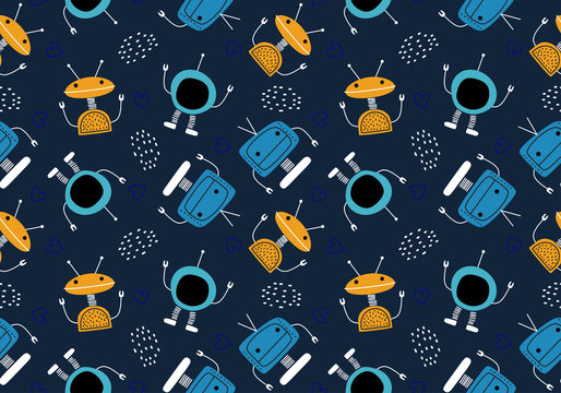 Cute robot seamless pattern with funny character. Vector illustration for kids and baby apparel fashion textile print.