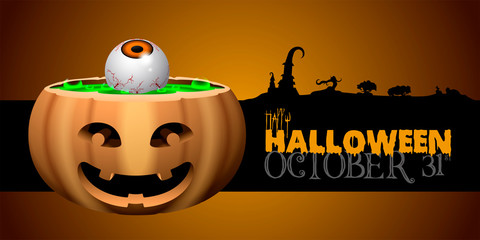 Spooky halloween poster with a green potion in a pumpkin and scary eye - Vector illustration