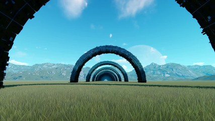 Entering black tunnel in middle of valley animation. Moving through arches 3d footage. Passing archway on yellow wheat field. Dry grass fluttering on wind. Dynamic and realistic video