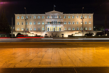 Night photo of The Greek parliament in Athens, Greece