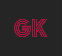 Initial two letter red line shape logo on black vector GK