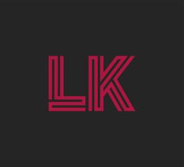 Initial two letter red line shape logo on black vector LK