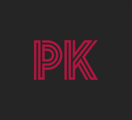 Initial two letter red line shape logo on black vector PK
