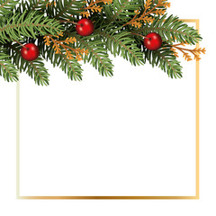 happy merry christmas tree branches and cherries frame