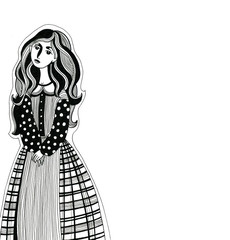 nice girl in a long checkered dress fashion and style black and white graphics