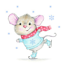 Cute mouse skates under the falling snow - 299447488