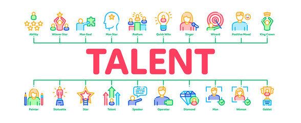 Human Talent Minimal Infographic Web Banner Vector. Idea And Target, Diamond And Star, Signer, Speaker And Actor Talent Concept Linear Pictograms. Color Contour Illustrations