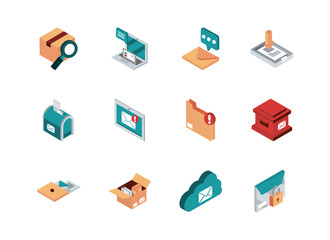 correspondence postal mail isometric icons set