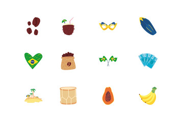 set of icons of rio de janeiro carnival on white background