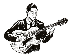 Man playing vintage electric guitar. Ink black and white drawing