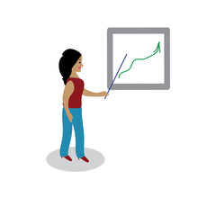  Flat design style. Girl stands, entrepreneur, business presentation.