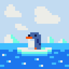 Penguin mosaic, isolated pixel art vector illustration. Game assets 8-bit sprite. Design for stickers, web, mobile app.